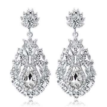 Silver Tone Ornate Teardrop Crystal Metal Dangle Earrings