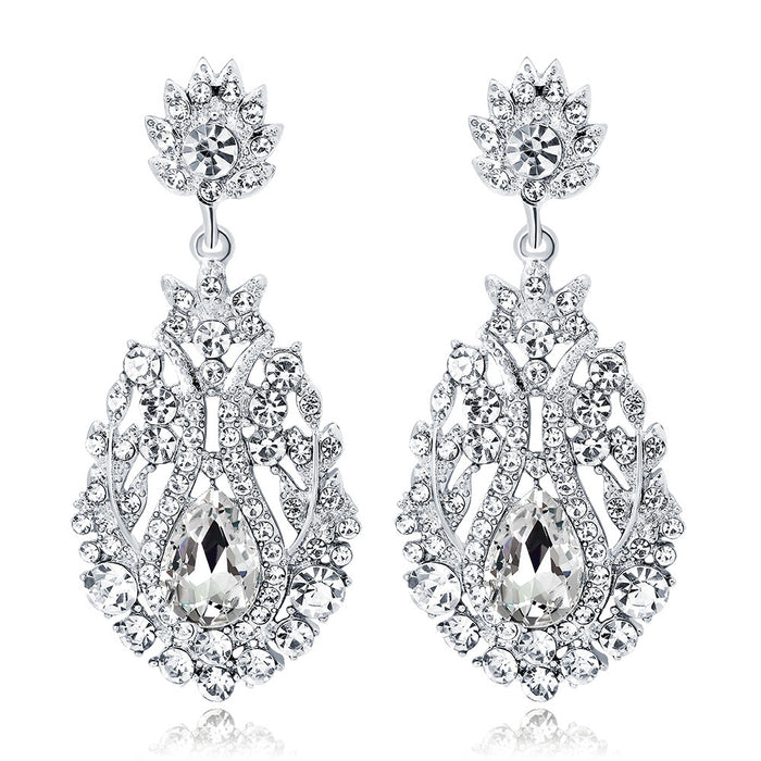 Silver Tone Ornate Teardrop Crystal Metal Dangle Earrings
