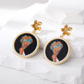 Gold Tone Pearl Trim Round Printed African Woman Post Drop Earrings in Two Colors view 2