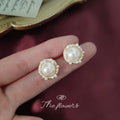 Gold Round Pearl Stud Earrings Seed Pearl Halo Frame view 4