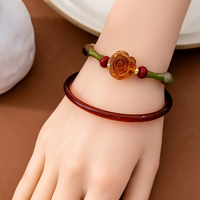 Rose Bamboo Bead Bracelet and Red Bangle Two Piece Set