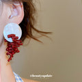 White Round Shell Look Stud Earrings with Red Branch Drops view 3