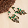 Green Bead and Leaf Antique Gold Chandelier Earrings view 3