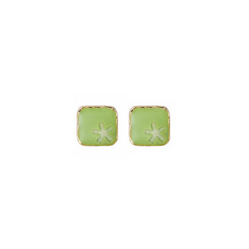 Light Green Square Flower Emboss Stud Earrings Gold Edge
