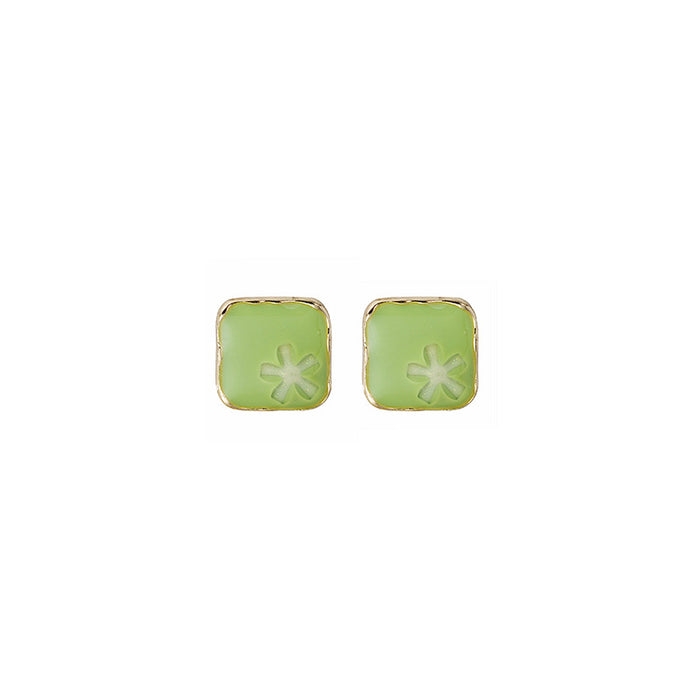 Light Green Square Flower Emboss Stud Earrings Gold Edge