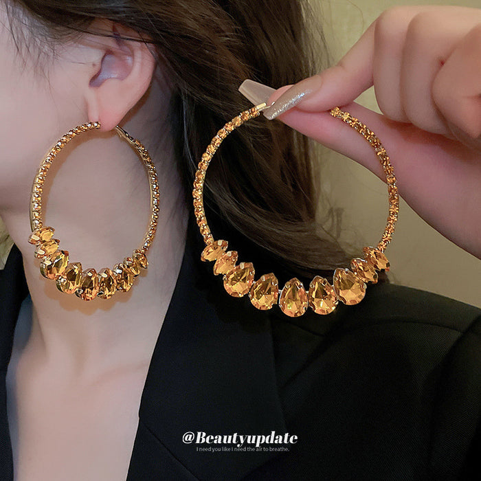 Champagne Crystal Teardrop Large Statement Hoop Earrings
