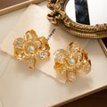 Sculpted Metallic Flower Pearl Look Statement Stud Earrings view 6