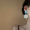 Blue Square And White Daisy Flower Drop Stud Earrings view 4