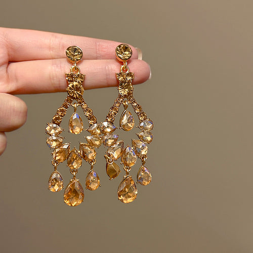 Champagne Crystal Teardrop Chandelier earrings shown in a front-facing product view