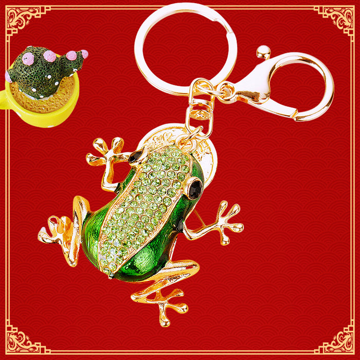 Jeweled Coin Frog Keychain with Green Enamel and Gold Tone Hardware