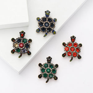 Crystal Turtle Brooch With Dark Metal Shell and Gem Accents