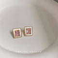Pink CZ Rectangle Shell Stud Earrings Gold-Tone Frame view 4
