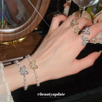 Crystal Butterfly Pearl Bracelets and Dual Butterfly Rings