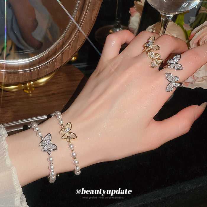 Crystal Butterfly Pearl Bracelets and Dual Butterfly Rings