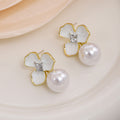 White Three Petal Flower Pearl Look Dangle Stud Earrings view 3