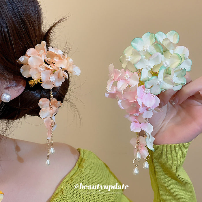 Fabric Flower Pearl Drop Duckbill Hair Clip Three Colors