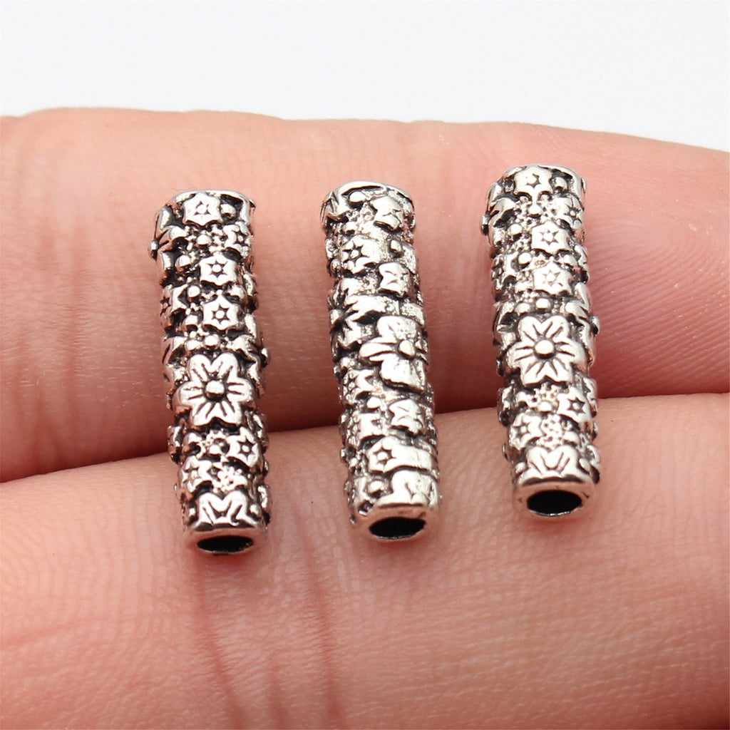 20x5.4x5.4mm 1.6g Antique Silver Zinc Alloy Flower Pattern Cylinder Tube Beads for Bracelet Necklace DIY