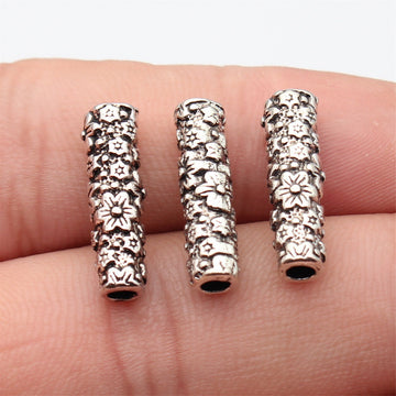 Antique Silver Floral Textured Cylinder Tube Spacer Bead