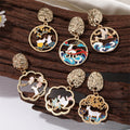 Gold Tone Chinese Animal Scene Enamel Drop Stud Earrings in Six Designs view 1