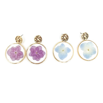 Gold Tone Round Pressed Hydrangea Resin Stud Drop Earrings