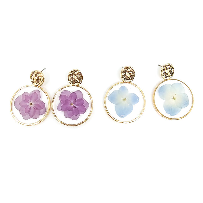 Gold Tone Round Pressed Hydrangea Resin Stud Drop Earrings