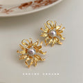 Gold Sunflower Iridescent Pearl Center Stud Earrings view 3