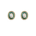 Oval Green Enamel Pearl Stud Earrings Gold Twisted Rope Border view 5