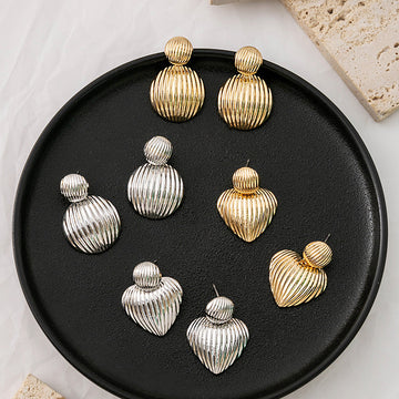 Ribbed Heart Gold and Silver Statement Stud Earrings