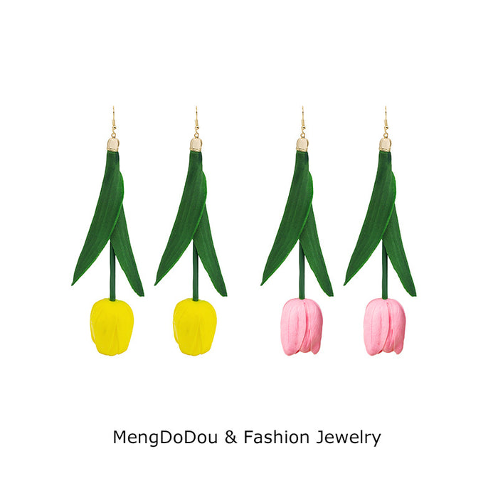 Yellow and Pink Tulip Flower Extra Long Hook Earrings