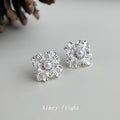 Silver Textured Flower Stud Earrings Pearl Purple Halo view 4