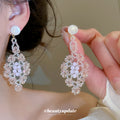 Woven Beaded Diamond Drop Earrings in Pink and Green Colorways view 4