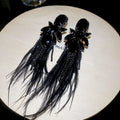 Black Crystal Flower and Feather Statement Tassel Earrings view 6
