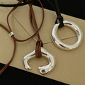 Black Leather Cord Silver Mirror Ring Pendant Necklace view 2
