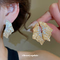 Textured Leaf Crystal Stud Earrings in Silver and Gold Tone view 1