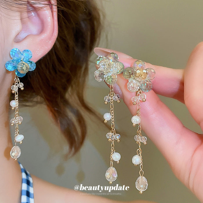 Blue And Green Flower Earrings With Crystal Chain Drops