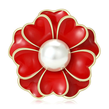Peony Pearl Enamel Flower Brooch Black White Red Gold Rim