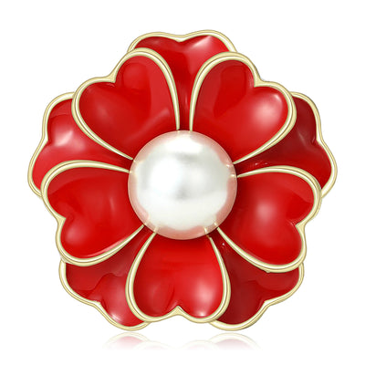 Red enamel peony flower brooch with white pearl center front view