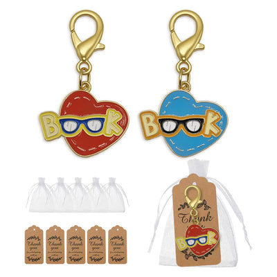 Red and blue BOOK heart keychains with organza bags and kraft tags