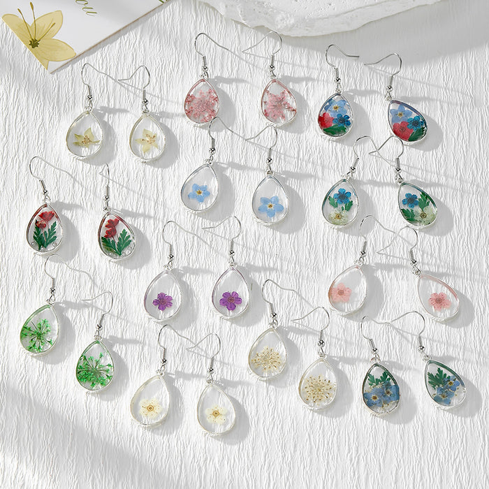 Teardrop Dried Flower Resin Drop Earrings Silver Hooks