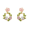Pink Flower White Rabbit Leaf Wreath Drop Earrings view 5