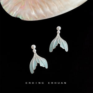 Silver Tone Pale Aqua Fishtail Pearl Like Drop Stud Earrings