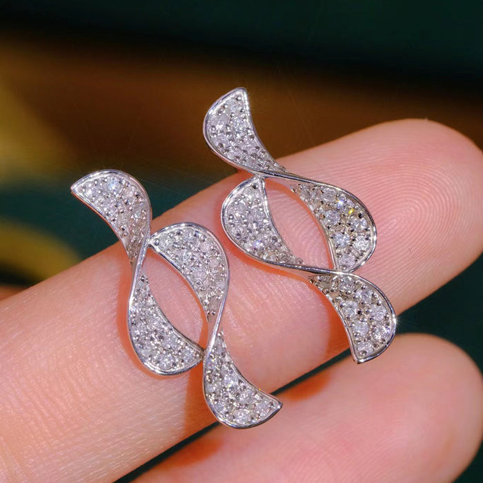 Silver Twisted Ribbon Geometric Pave CZ Stud Earrings