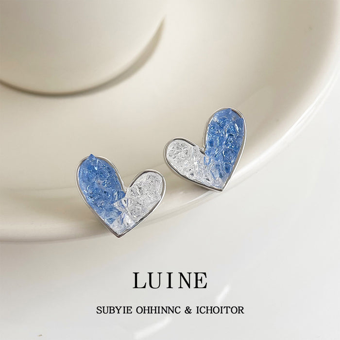 Silver-Tone Blue Clear Gradient Glass Crystal Heart Stud Earrings
