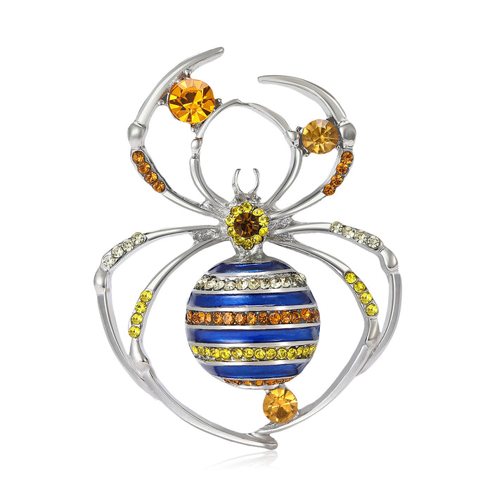 Enamel Rhinestone Spider Brooch Striped Body Blue Black