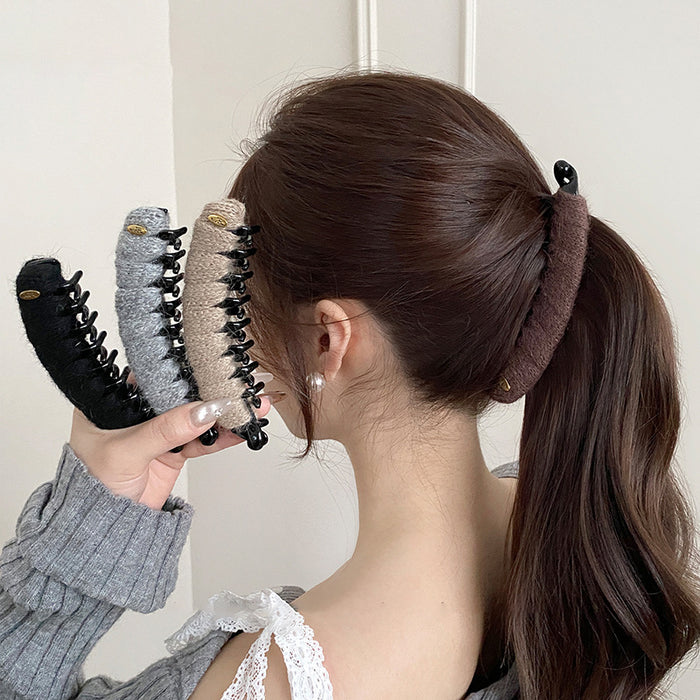 Brown Yarn Wrap Banana Twist Hair Clip Black Claw Comb