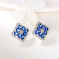 Blue Flower Clover Stud Earrings White Metal Clear Halo Frame view 4