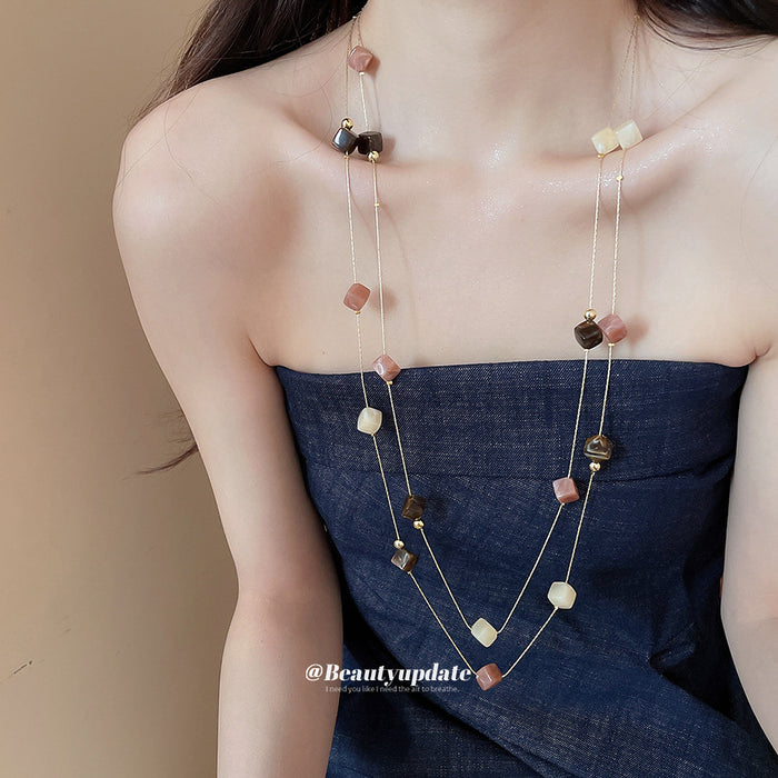 Layered Gold Tone Necklace with Multicolor Stone Beads