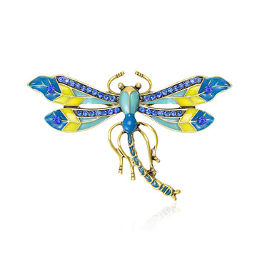 Blue and Yellow Enamel Dragonfly Brooch in Blue Yellow