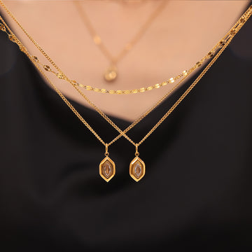 Gold Hexagon Stone Pendant Necklace And Link Chain