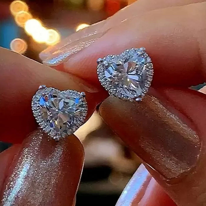 White Gold Heart Halo Stud Earrings Clear Zircon Pair
